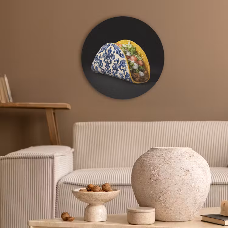 Taco - Vlees - Salade - Delftsblauw - Motief Akoestische PET Vilt - Rond klein -sfeer1