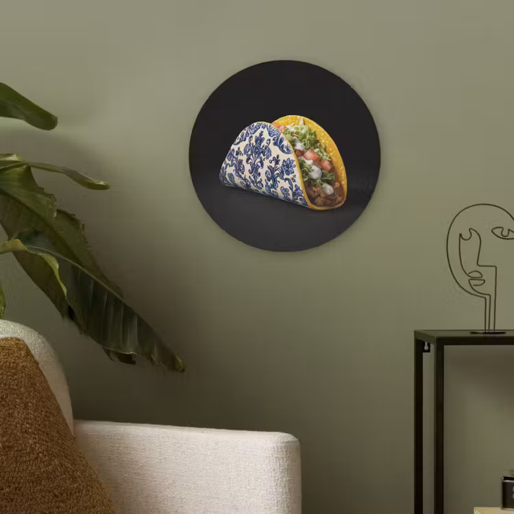 Taco - Vlees - Salade - Delftsblauw - Motief Akoestische PET Vilt - Rond klein -sfeer2