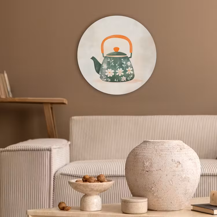 Theepot - Groen - Bloemen - Oranje Akoestische PET Vilt - Rond klein -sfeer1