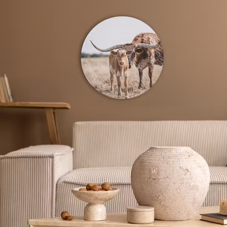 Texas Longhorn - Kalf - Weide - Dieren Akoestische PET Vilt - Rond klein -sfeer1