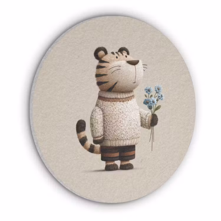 Tijger - Blauwe bloemen - Rustig Akoestische PET Vilt - Rond klein -3d