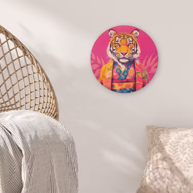 Tijger - Kimono - Planten - Roze Akoestische PET Vilt - Rond klein -sfeer4