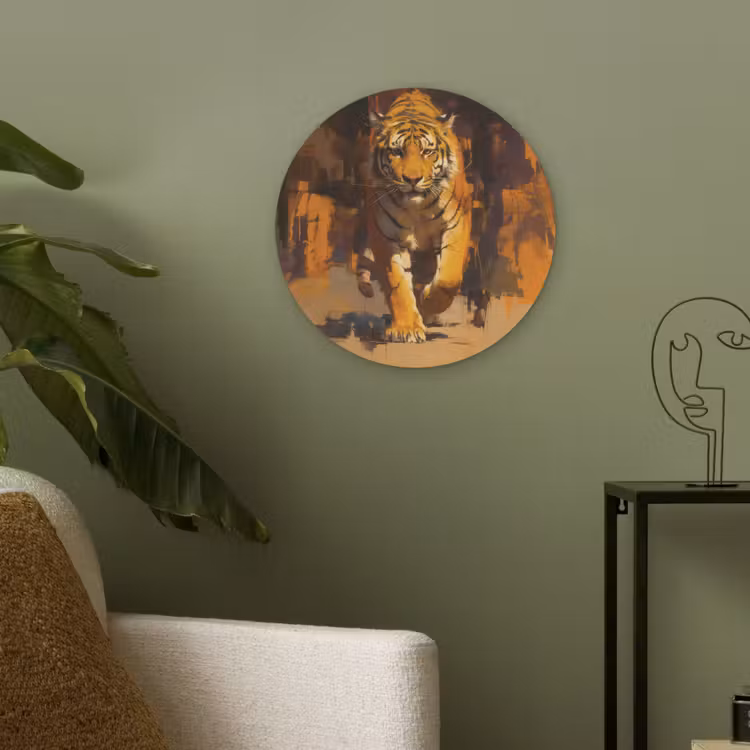 Tijger - Geschilderd - Oranje - Penseelstreken Akoestische PET Vilt - Rond klein -sfeer2