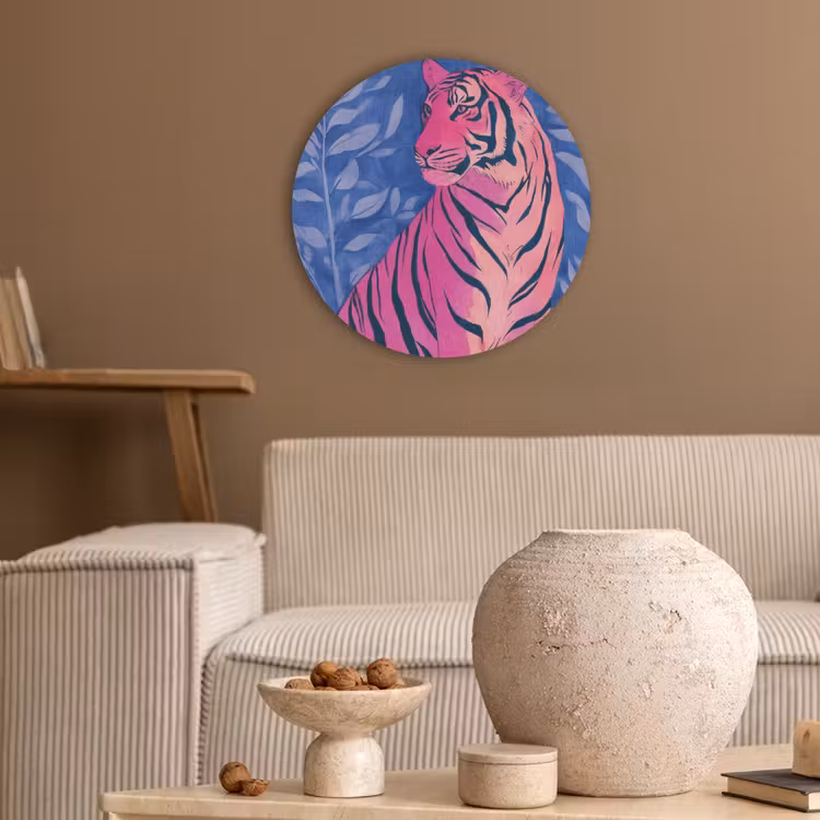 Tijger - Roze - Bladeren - Jungle Akoestische PET Vilt - Rond klein -sfeer1