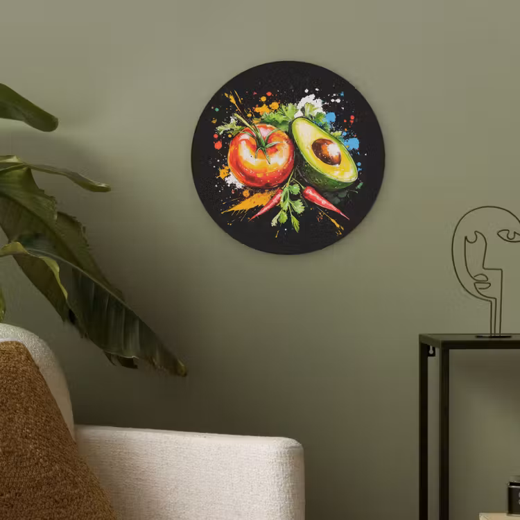 Tomaat - Avocado - Peper - Graffiti - Verf - Modern Akoestische PET Vilt - Rond klein -sfeer2
