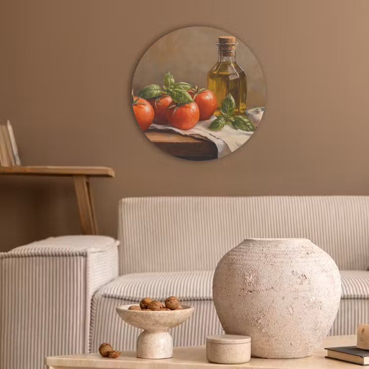 Tomaten - Olijfolie - Stilleven Akoestische PET Vilt - Rond klein -sfeer1