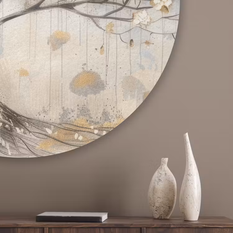Boom - Beige - Goud - Verflook - Grijs Akoestische PET Vilt - Rond klein -sfeer5_closeup