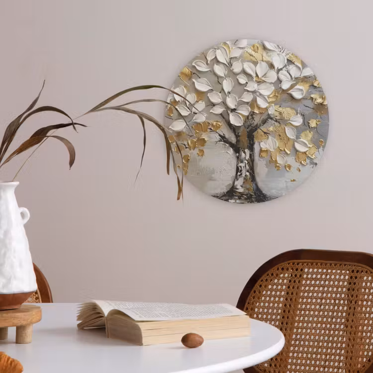 Boom - Beige - Grijs - Goud - Abstract Akoestische PET Vilt - Rond klein -sfeer3