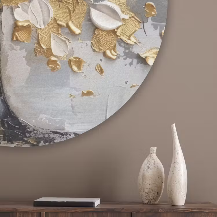 Boom - Beige - Grijs - Goud - Abstract Akoestische PET Vilt - Rond klein -sfeer5_closeup