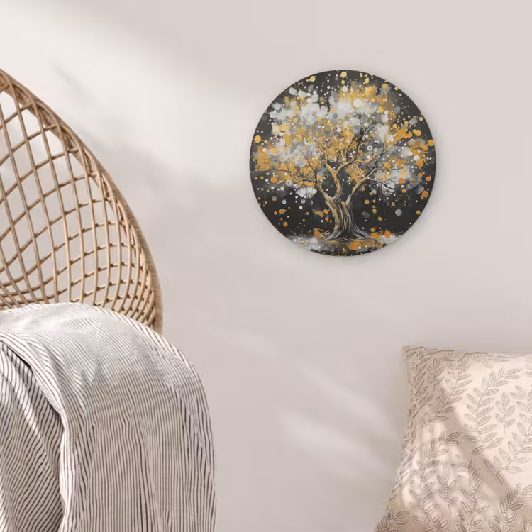 Boom - Zwart - Goud - Wit - Modern Akoestische PET Vilt - Rond klein -sfeer4