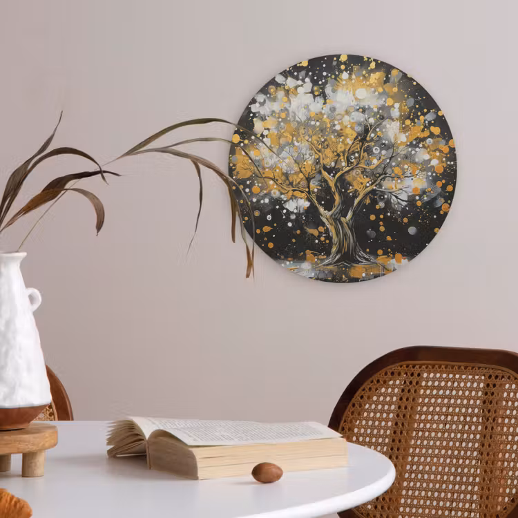 Boom - Zwart - Goud - Wit - Modern Akoestische PET Vilt - Rond klein -sfeer3