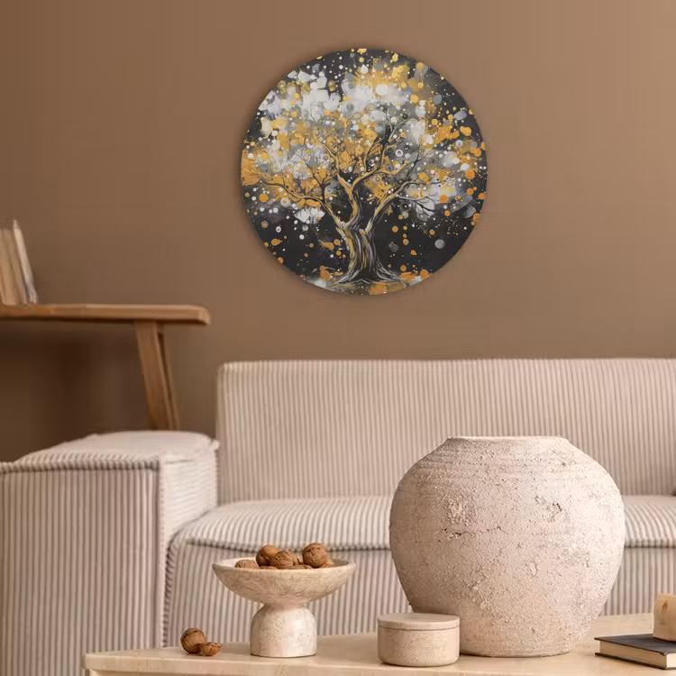 Boom - Zwart - Goud - Wit - Modern Akoestische PET Vilt - Rond klein -sfeer1