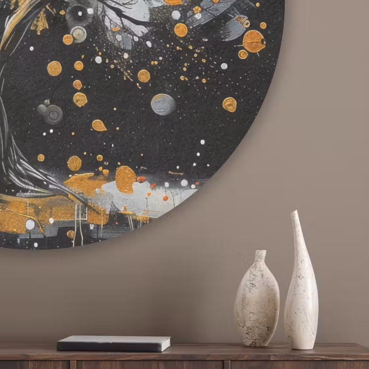 Boom - Zwart - Goud - Wit - Modern Akoestische PET Vilt - Rond klein -sfeer5_closeup