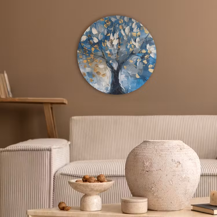 Boom - Blauw - Goud - Abstract Akoestische PET Vilt - Rond klein -sfeer1