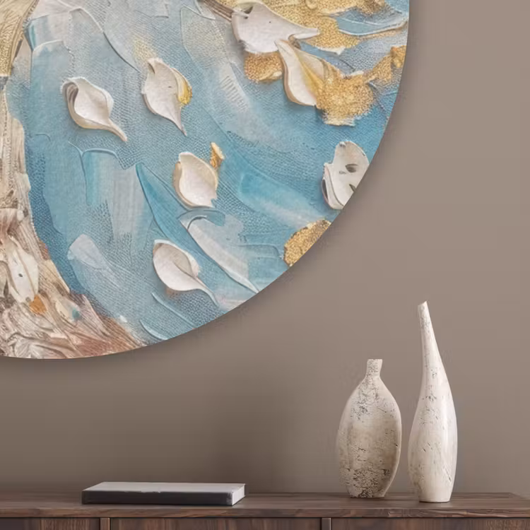 Boom - Blauw - Goud - Abstract - Modern Akoestische PET Vilt - Rond klein -sfeer5_closeup