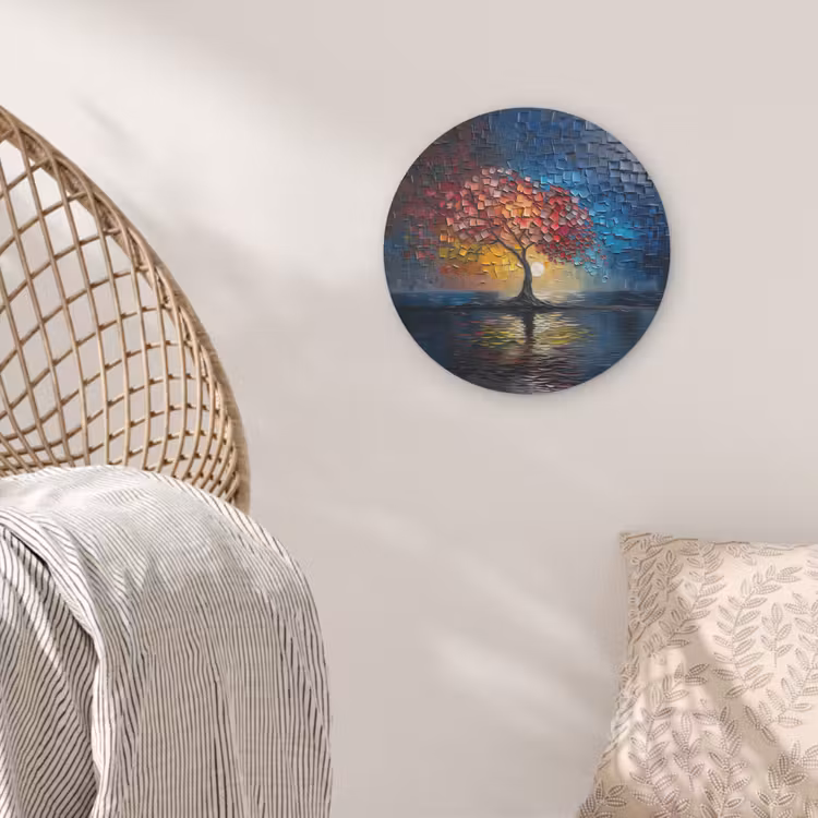 Boom - Blauw - Bladeren - Vakken Akoestische PET Vilt - Rond klein -sfeer4