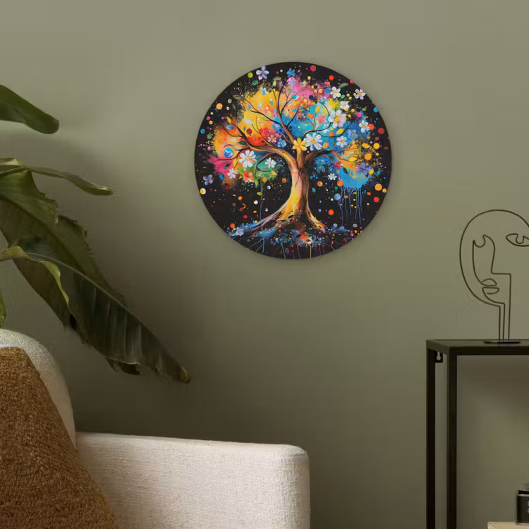 Boom - Kleurrijk - Bloemen - Zwart Akoestische PET Vilt - Rond klein -sfeer2