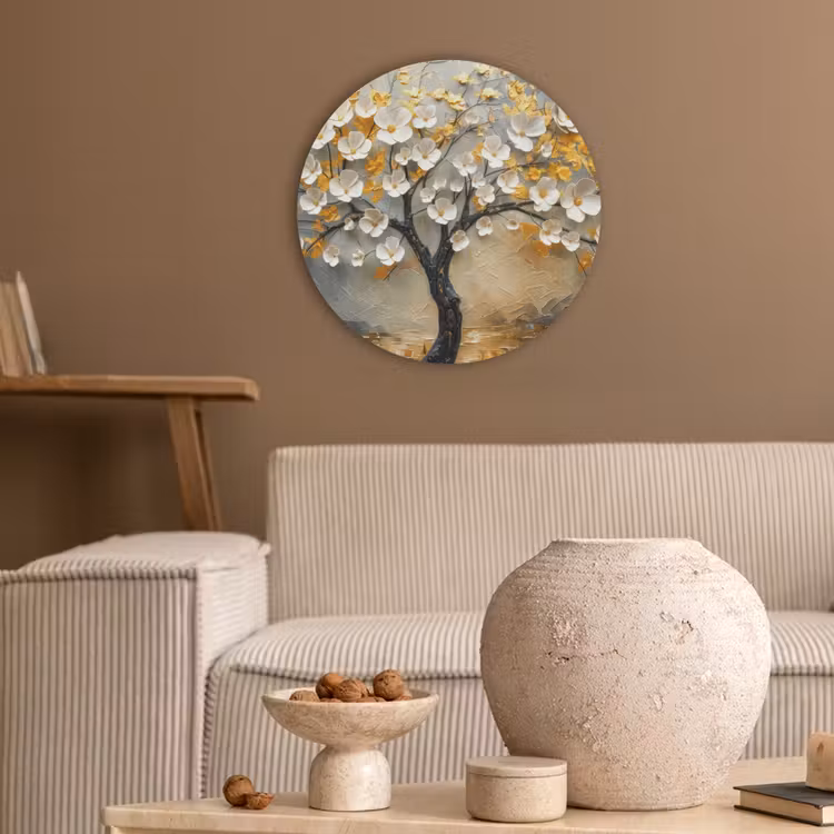Boom - Bloemen - Goud - Beige Akoestische PET Vilt - Rond klein -sfeer1