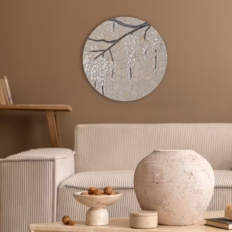 Boom - Bloemen - Mozaïek - Kunst - Wit Akoestische PET Vilt - Rond klein -sfeer1