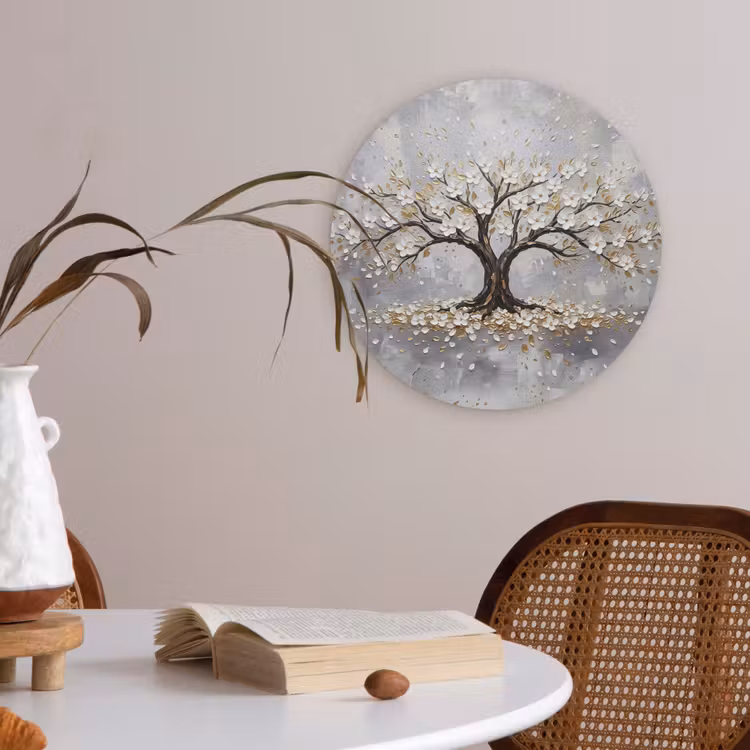 Boom - Bloemen - Natuur - Abstract - Wit Akoestische PET Vilt - Rond klein -sfeer3