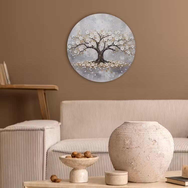 Boom - Bloemen - Natuur - Abstract - Wit Akoestische PET Vilt - Rond klein -sfeer1
