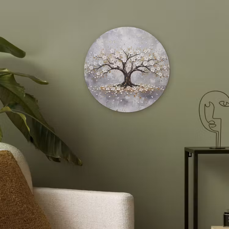 Boom - Bloemen - Natuur - Abstract - Wit Akoestische PET Vilt - Rond klein -sfeer2