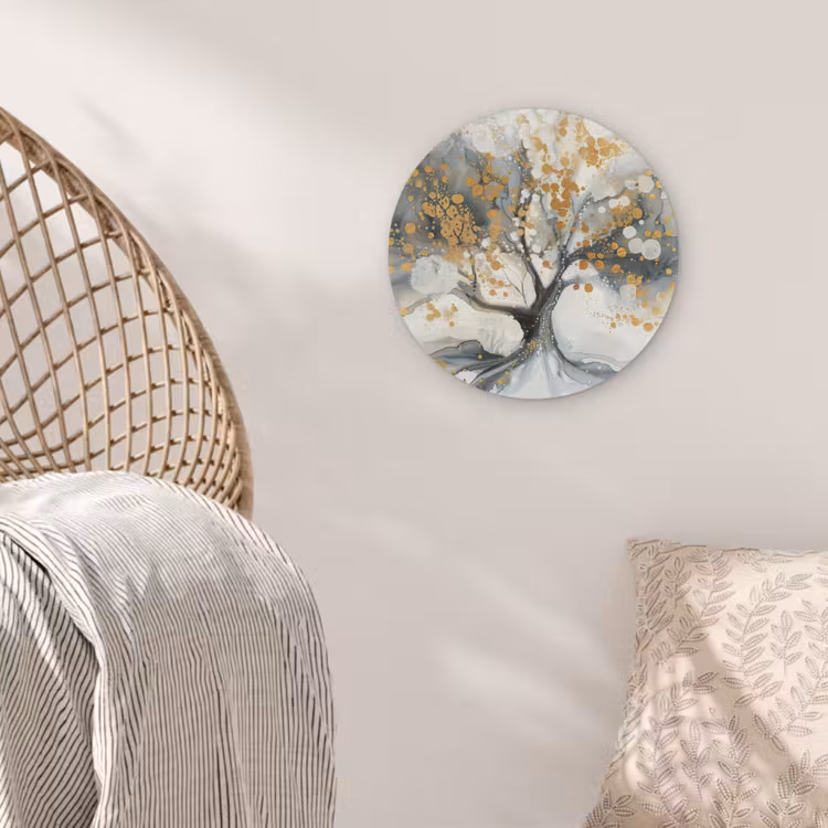 Boom - Modern - Abstract - Goud - Zwart - Wit Akoestische PET Vilt - Rond klein -sfeer4