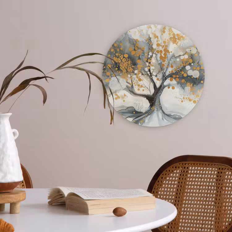 Boom - Modern - Abstract - Goud - Zwart - Wit Akoestische PET Vilt - Rond klein -sfeer3