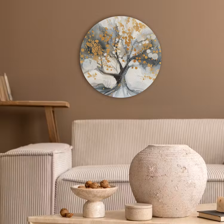 Boom - Modern - Abstract - Goud - Zwart - Wit Akoestische PET Vilt - Rond klein -sfeer1