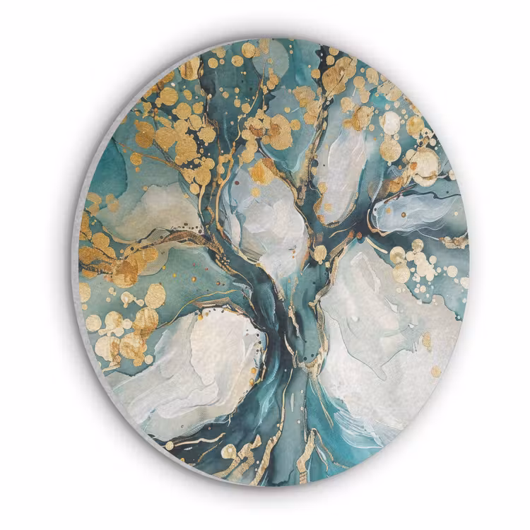 Boom - Modern - Verflook - Turquoise - Goud Akoestische PET Vilt - Rond klein -3d