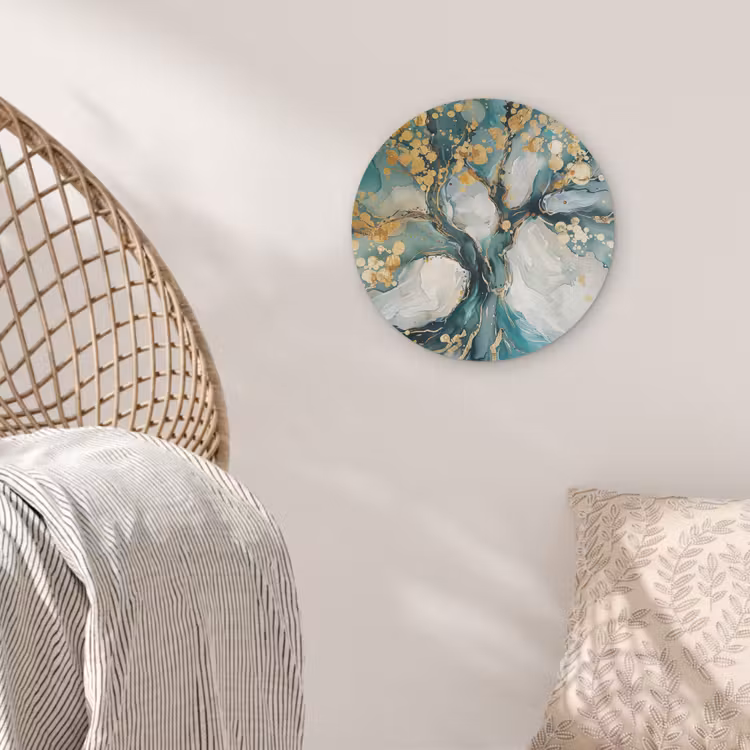 Boom - Modern - Verflook - Turquoise - Goud Akoestische PET Vilt - Rond klein -sfeer4