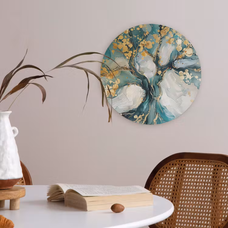 Boom - Modern - Verflook - Turquoise - Goud Akoestische PET Vilt - Rond klein -sfeer3