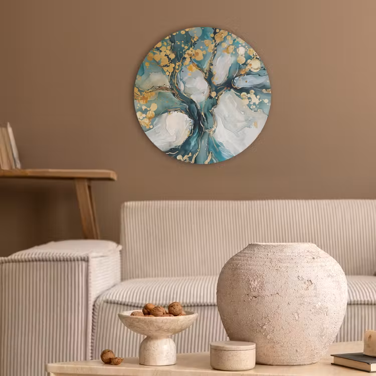 Boom - Modern - Verflook - Turquoise - Goud Akoestische PET Vilt - Rond klein -sfeer1