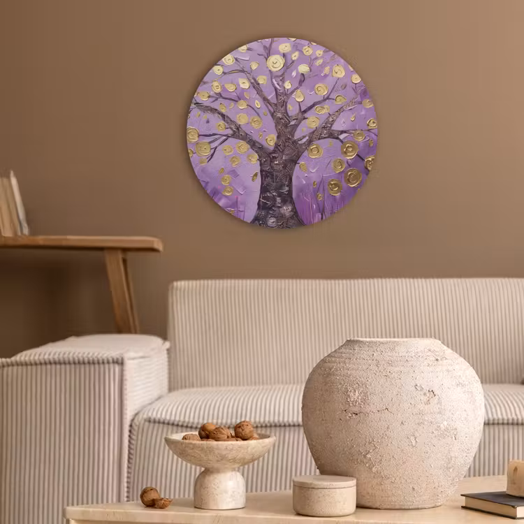 Levensboom - Boom - Paars - Goud - Modern Akoestische PET Vilt - Rond klein -sfeer1