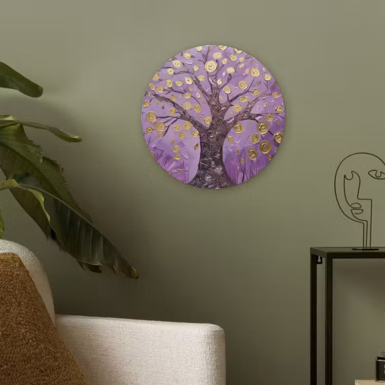 Levensboom - Boom - Paars - Goud - Modern Akoestische PET Vilt - Rond klein -sfeer2