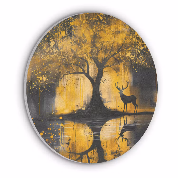 Boom - Verflook - Hert - Natuur - Goud Akoestische PET Vilt - Rond klein -3d