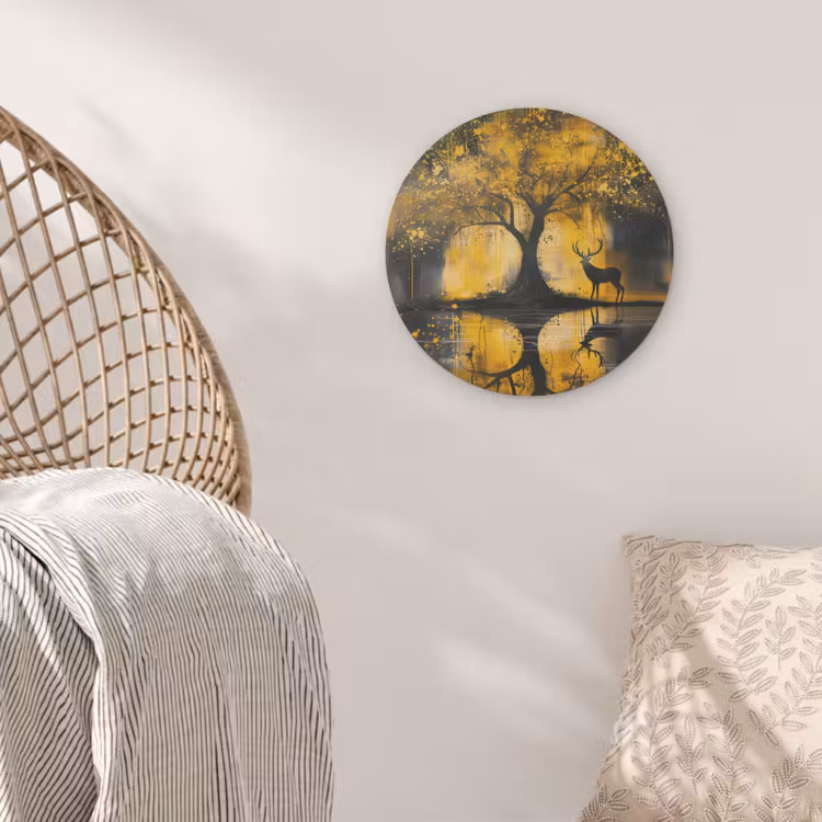 Boom - Verflook - Hert - Natuur - Goud Akoestische PET Vilt - Rond klein -sfeer4