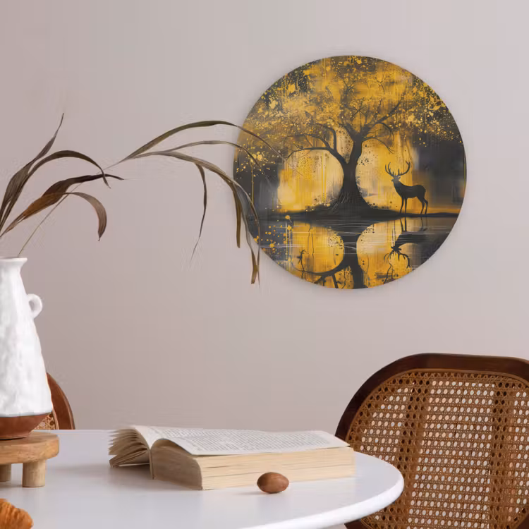 Boom - Verflook - Hert - Natuur - Goud Akoestische PET Vilt - Rond klein -sfeer3