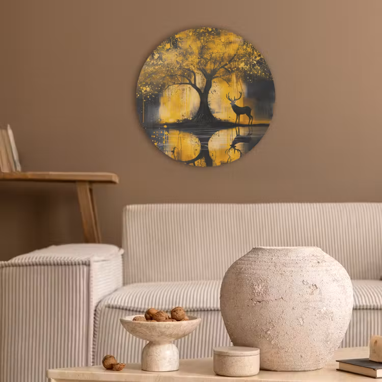 Boom - Verflook - Hert - Natuur - Goud Akoestische PET Vilt - Rond klein -sfeer1