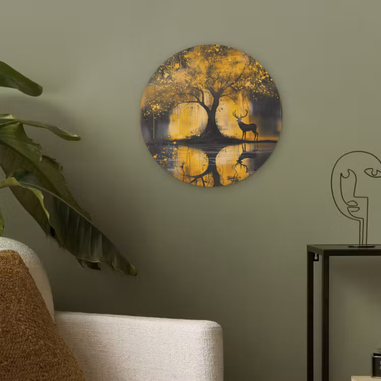 Boom - Verflook - Hert - Natuur - Goud Akoestische PET Vilt - Rond klein -sfeer2