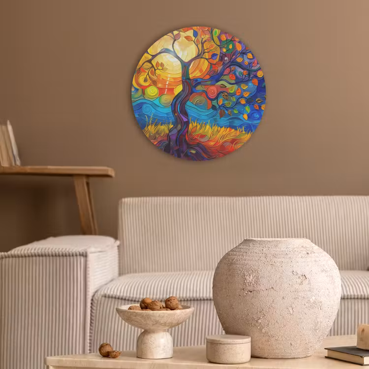 Boom - Zon - Verflook - Kleuren - Abstract Akoestische PET Vilt - Rond klein -sfeer1