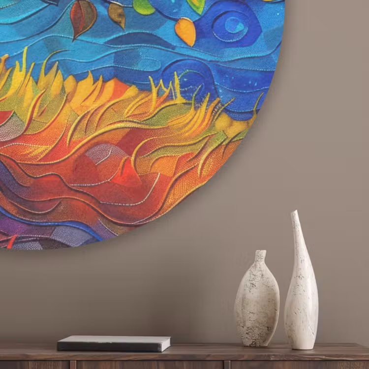 Boom - Zon - Verflook - Kleuren - Abstract Akoestische PET Vilt - Rond klein -sfeer5_closeup