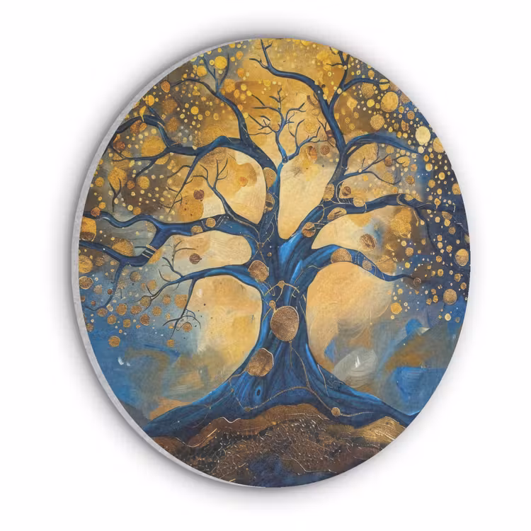 Boom - Levensboom - Blauw - Goud Akoestische PET Vilt - Rond klein -3d