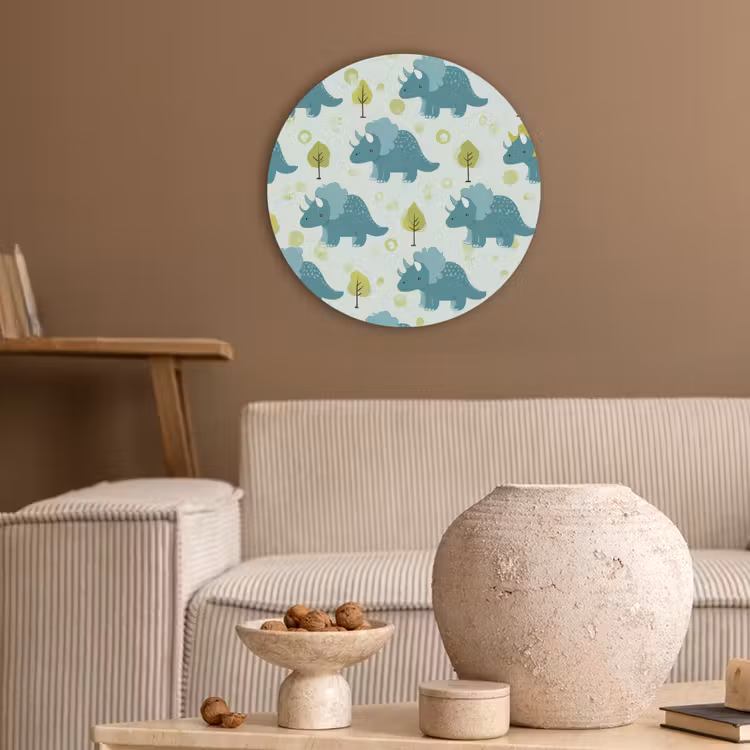 Triceratop - Blauw - Stippen - Boompjes Akoestische PET Vilt - Rond klein -sfeer1
