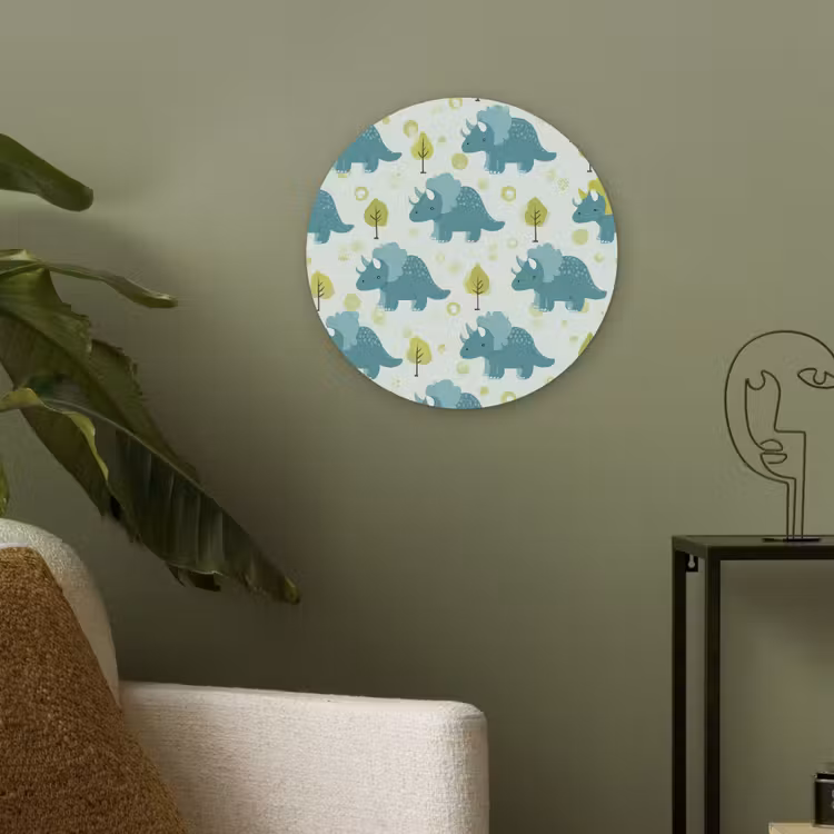 Triceratop - Blauw - Stippen - Boompjes Akoestische PET Vilt - Rond klein -sfeer2