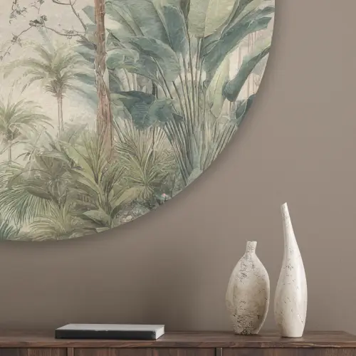 Tropisch landschap - palmbomen - Bloemen - Roze lucht Akoestische PET Vilt - Rond klein -sfeer5_closeup