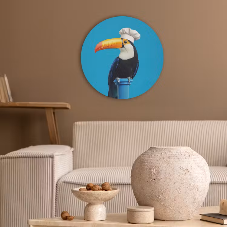 Tucan - Sokkel - Vogel - Koksmuts Akoestische PET Vilt - Rond klein -sfeer1