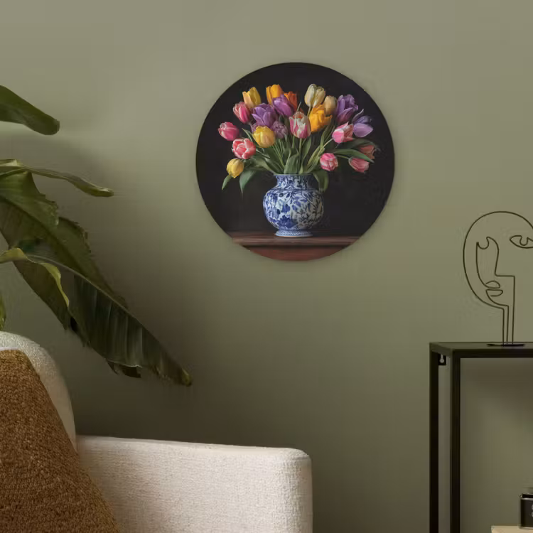 Tulpen - Kleuren - Hout - Vaas Akoestische PET Vilt - Rond klein -sfeer2