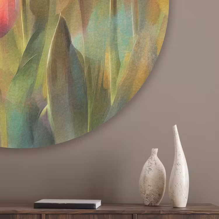 Tulpen - Sprookjesachtig - Kleurrijk Akoestische PET Vilt - Rond klein -sfeer5_closeup