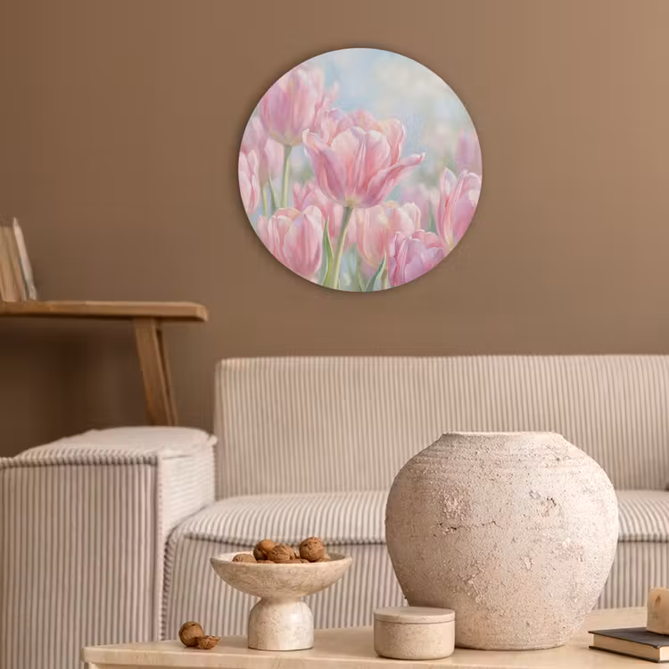 Tulpen - Veld - Lente - Roze Akoestische PET Vilt - Rond klein -sfeer1